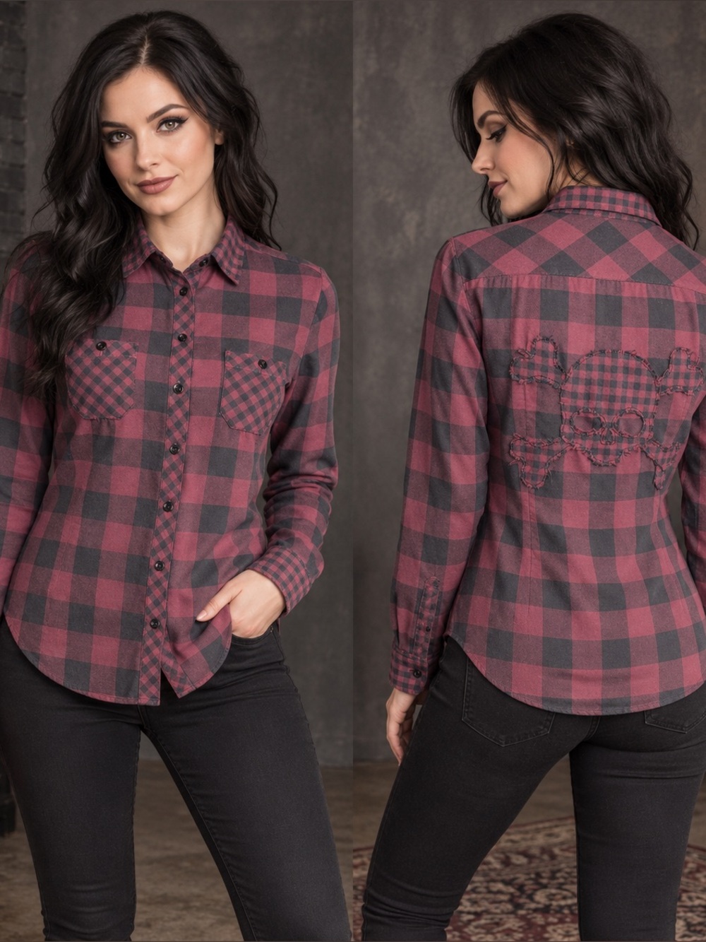 Hot Topic Skull Plaid Flannel Shirt Womens Small Red Black Gothic Grunge Punk